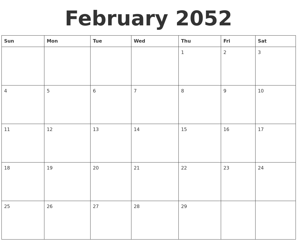 February 2052 Blank Calendar Template