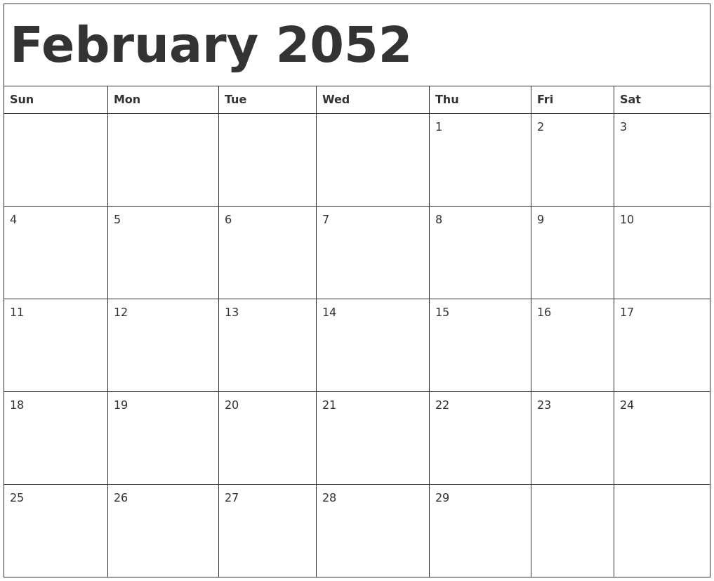 February 2052 Calendar Template