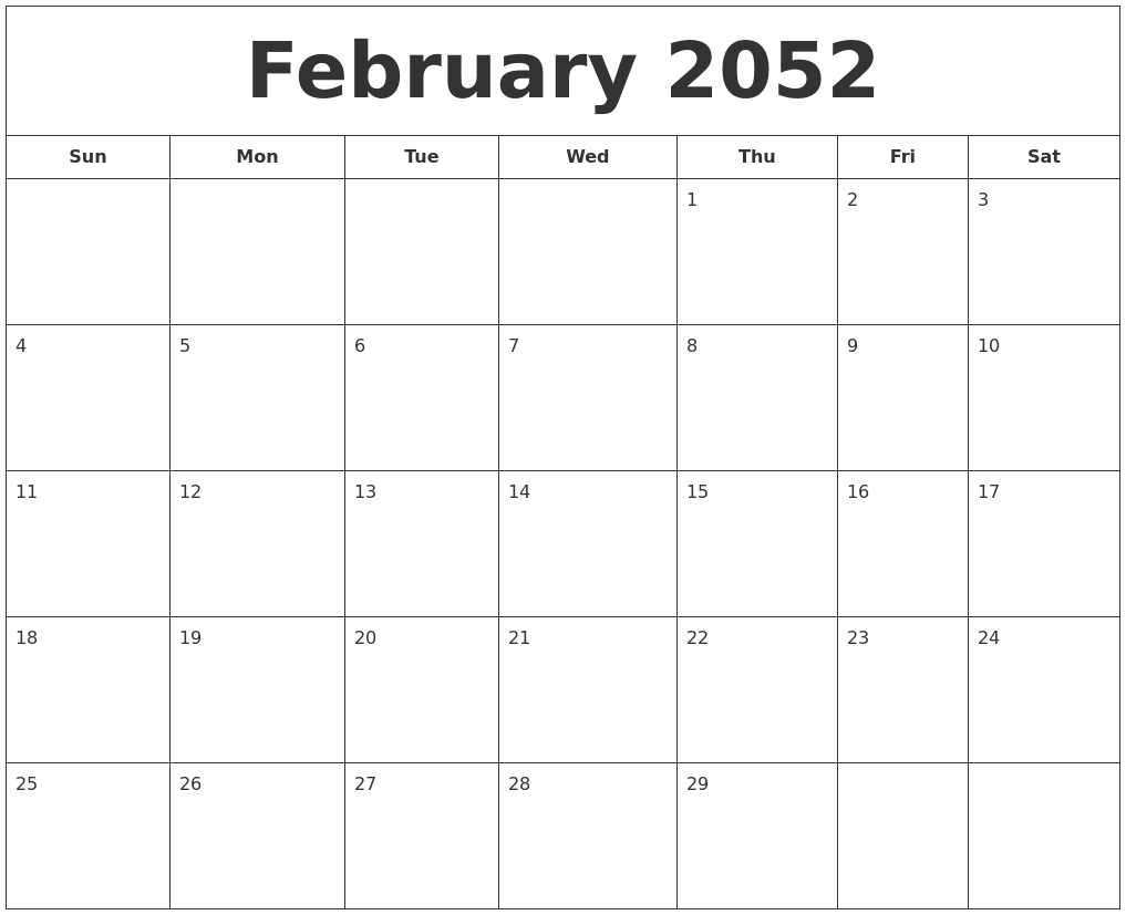 February 2052 Printable Calendar