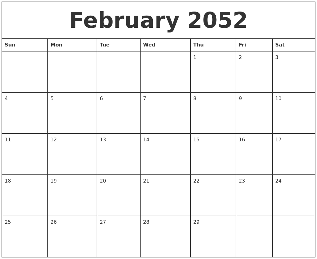 February 2052 Printable Monthly Calendar