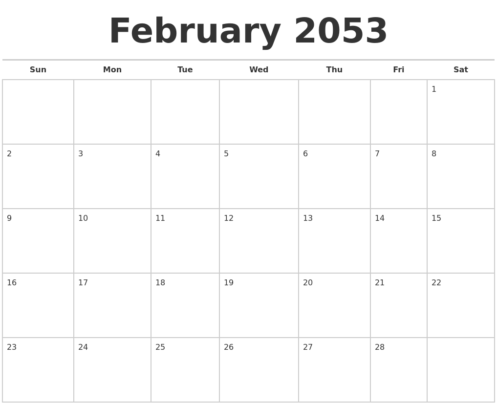 February 2053 Calendars Free