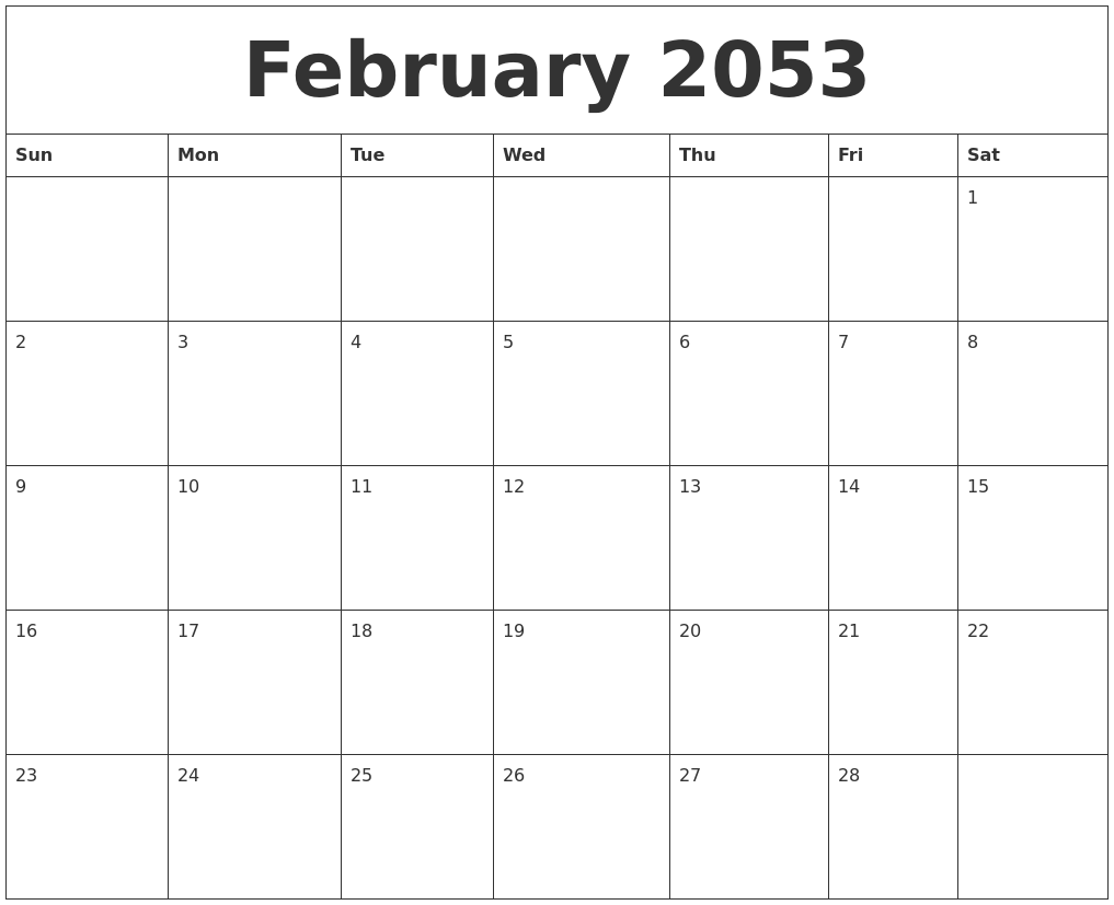February 2053 Cute Printable Calendar