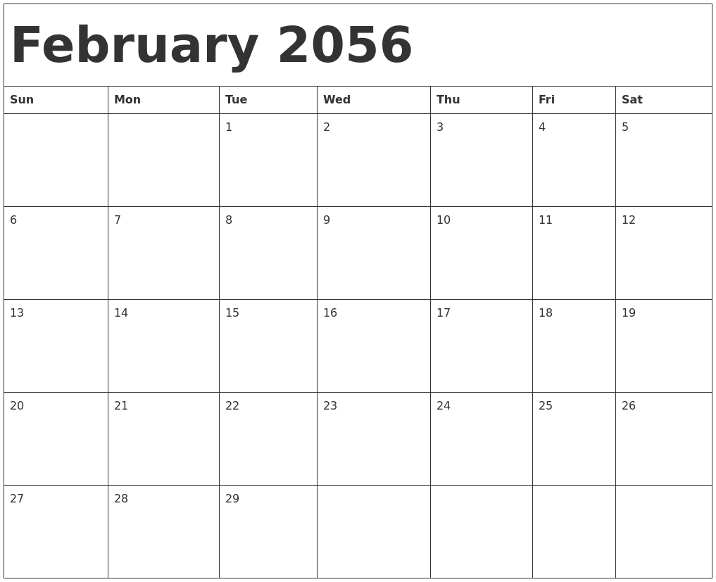 February 2056 Calendar Template