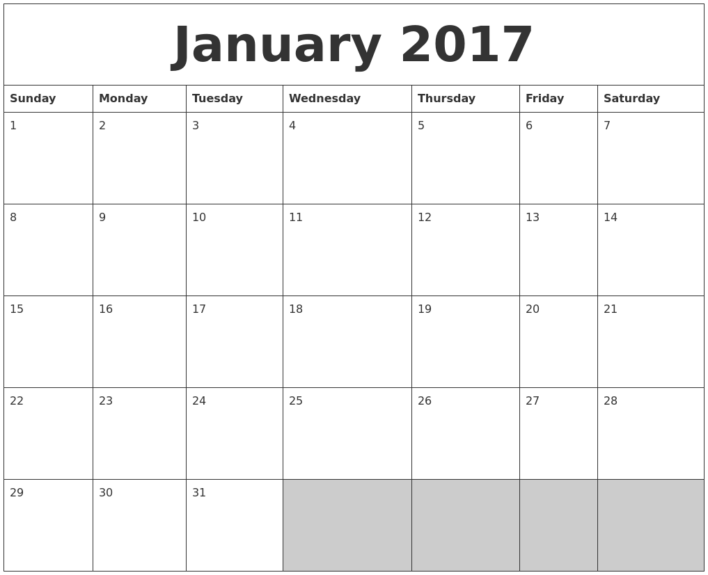 Printable Calendar Blank 2017 | january 2017 blank printable calendar Printable Calendar Blank 2017 | january 2017 blank printable calendar