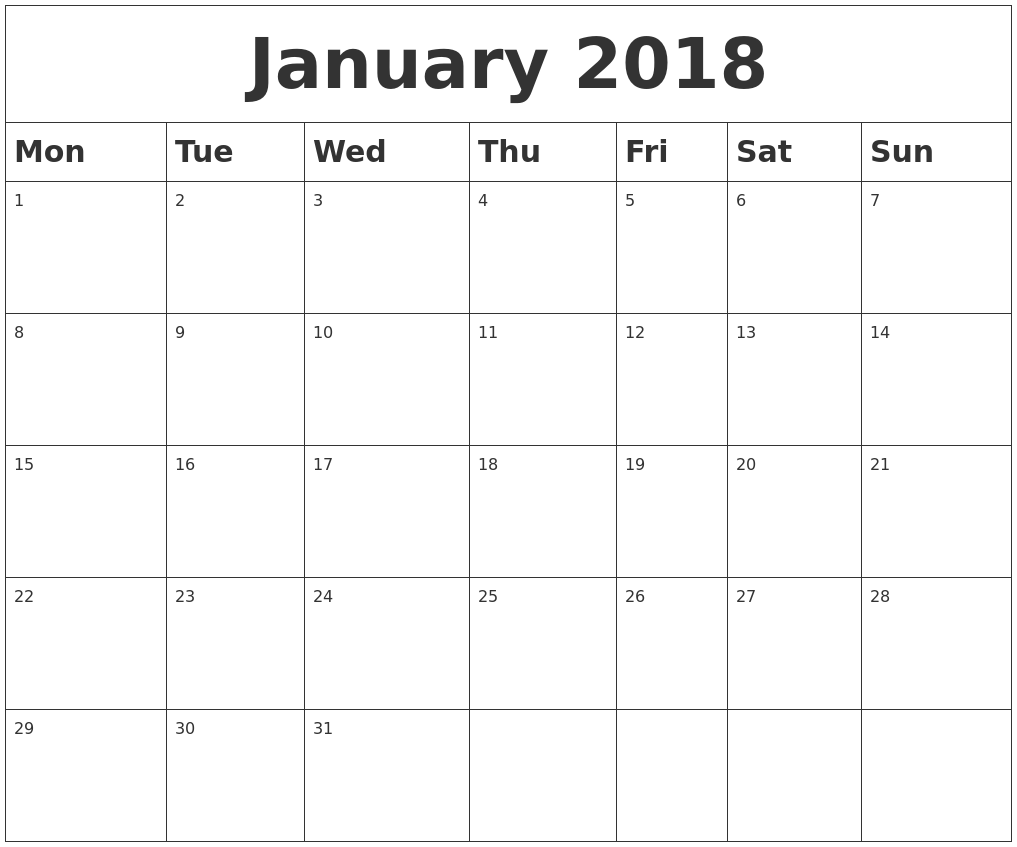 calendar 2018 january