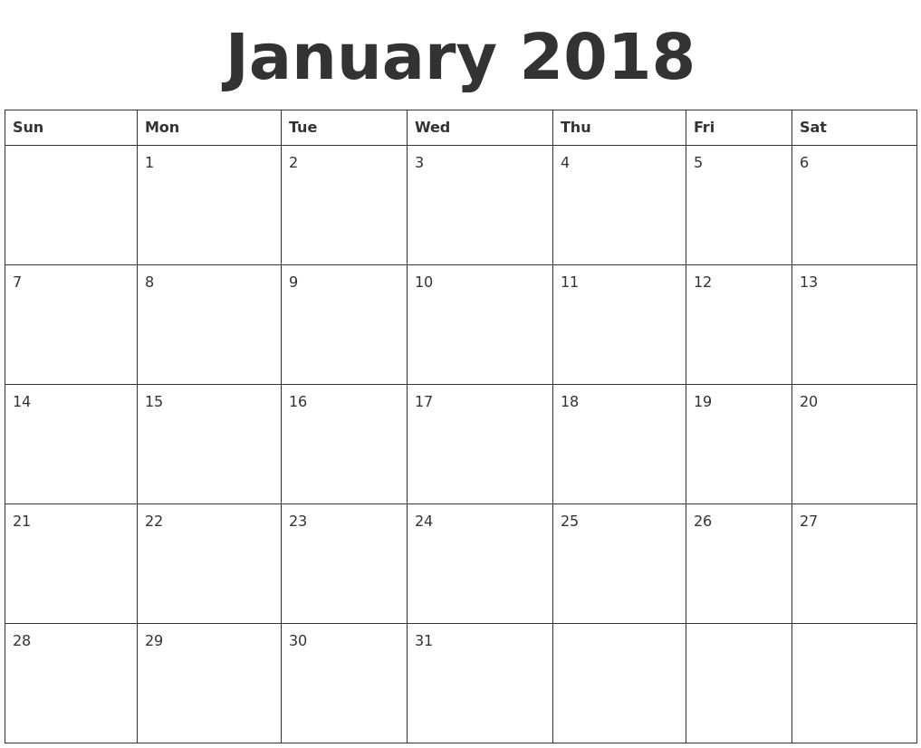 January 2018 Calendar Printable Template