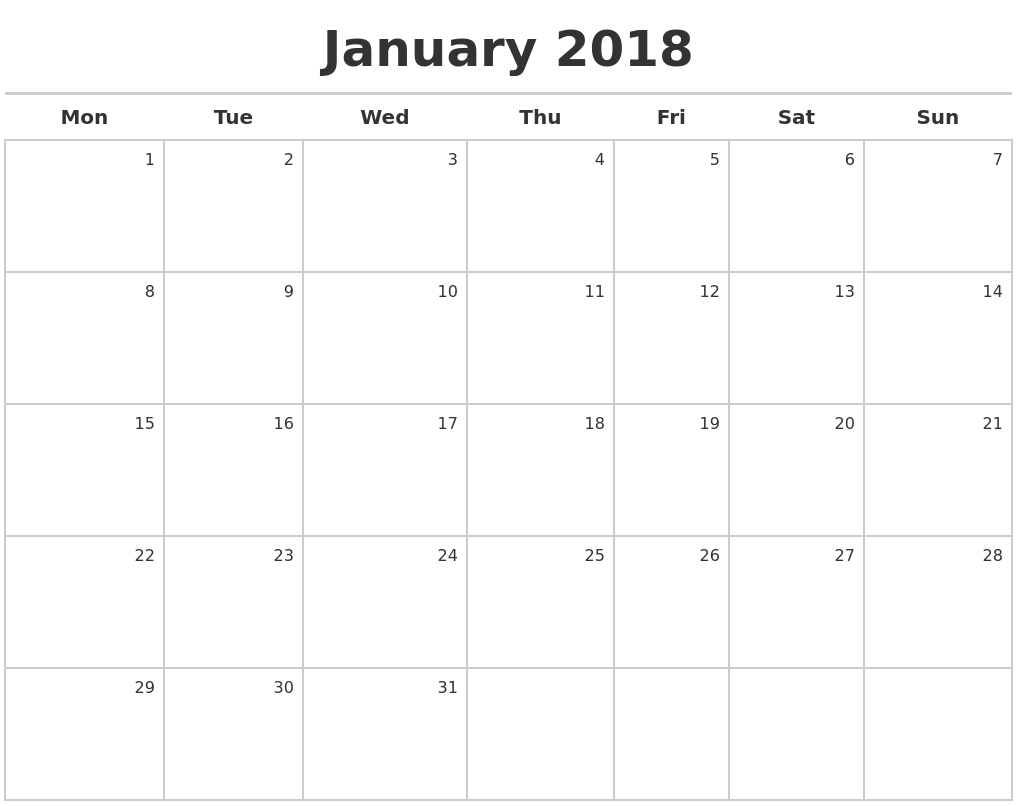 monday start calendar 2018