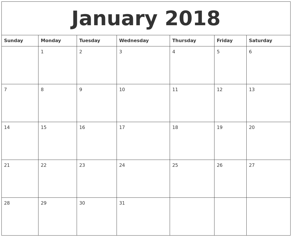 january 2018 calendar print out