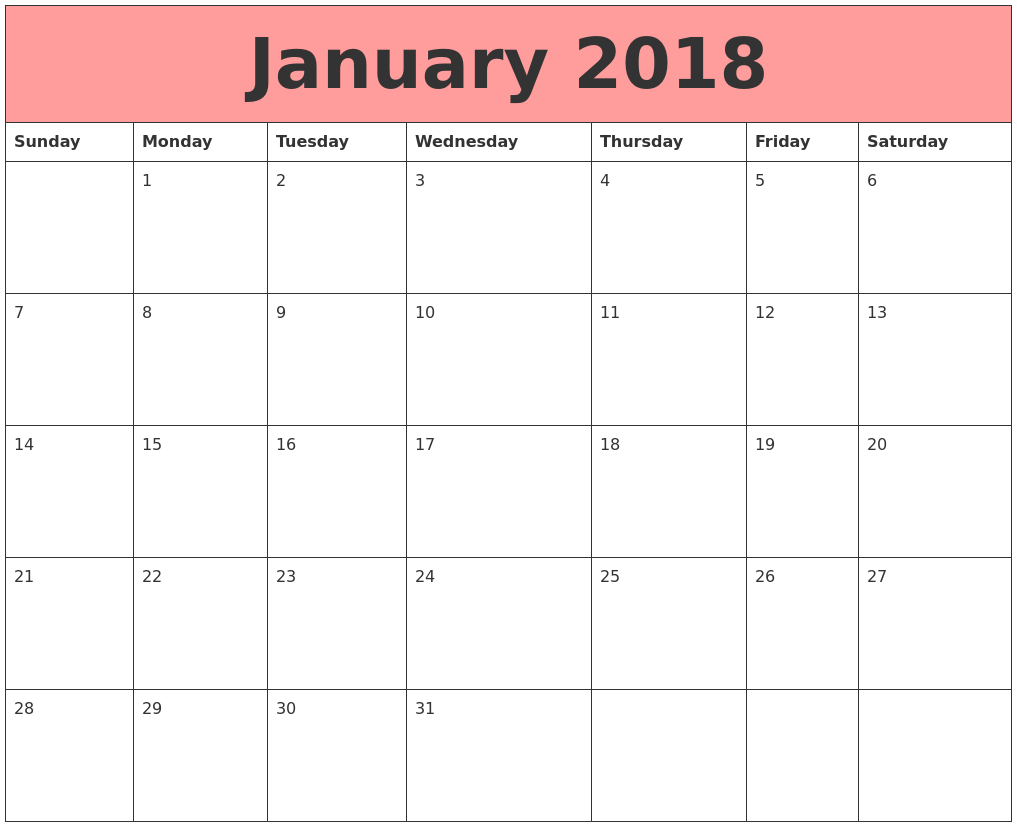 calendar january 2018