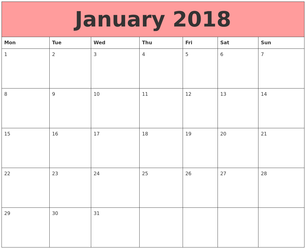 2018 calendar monday start