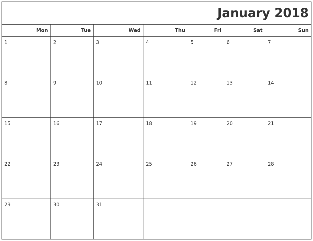 2018 january calendars to print
