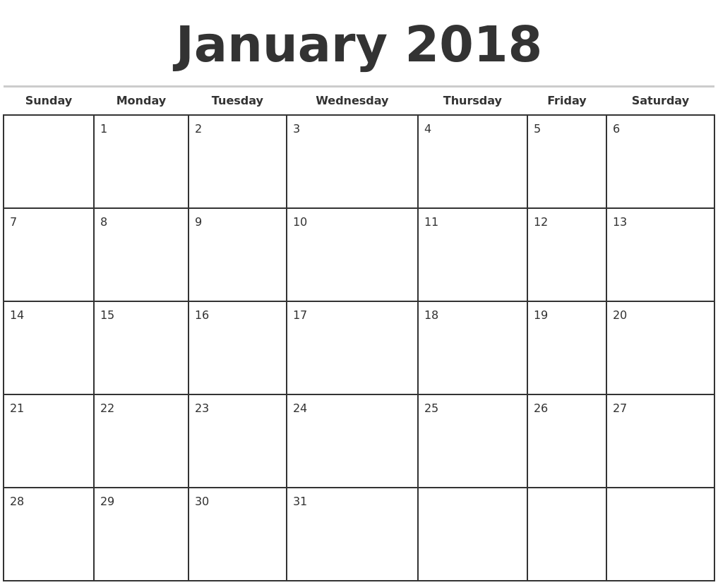 printable monthly calendar jan 2018
