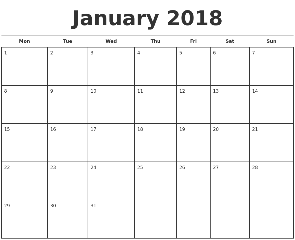 january 2018 calendar template