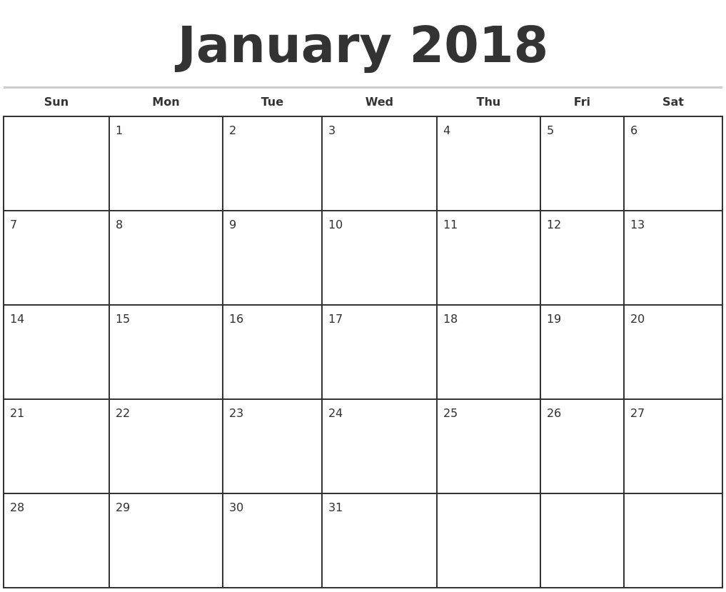 January 2018 Monthly Calendar