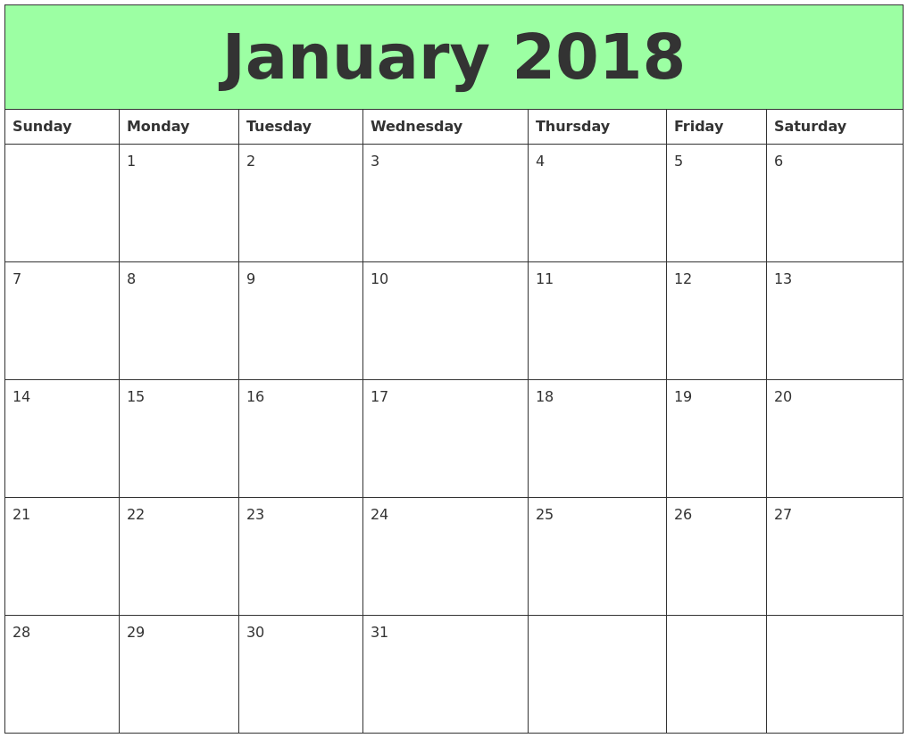january 2018 calendar template