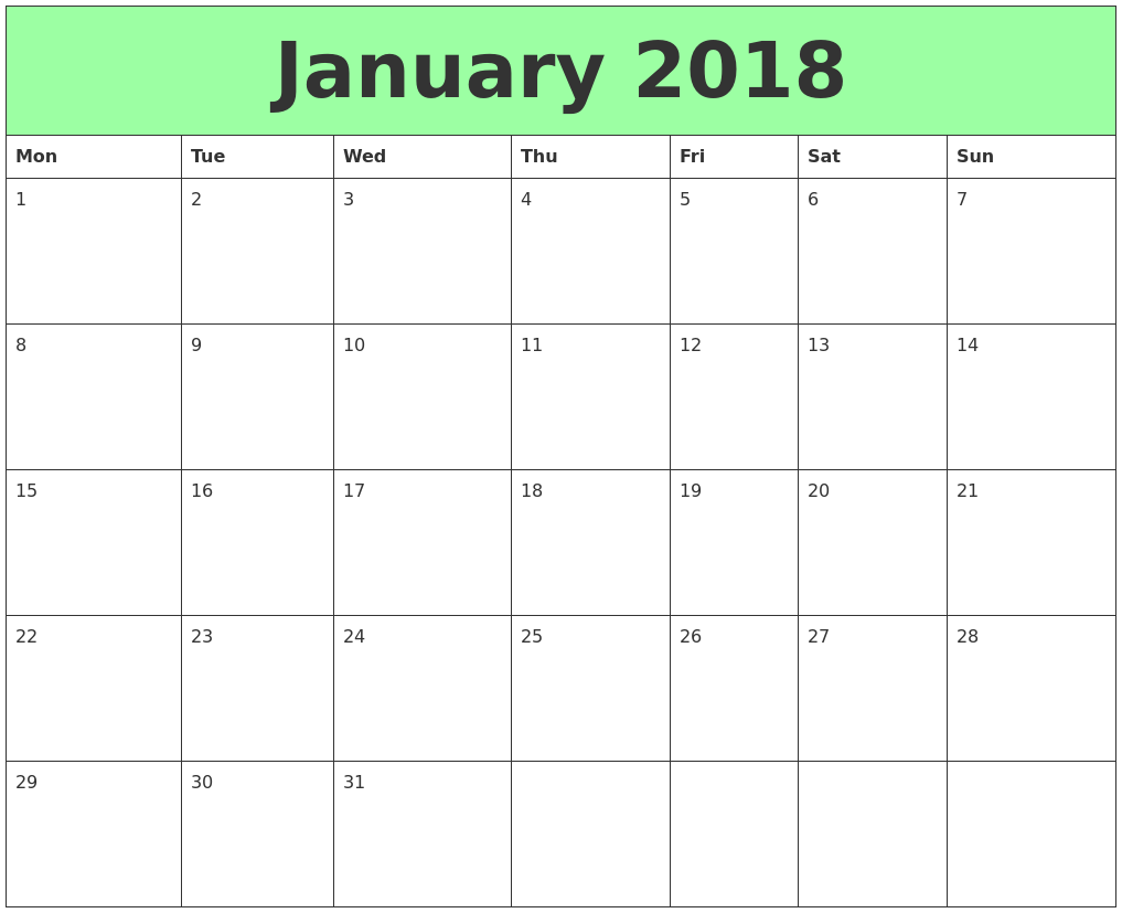 blank calendar for january 2018