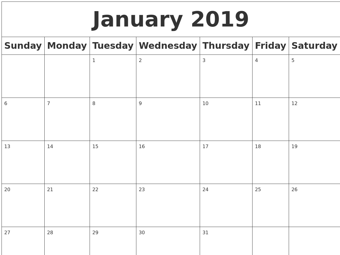 Printable Blank Calendar January 2019