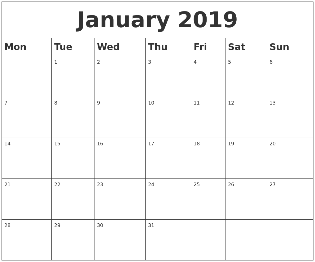 Blank Calendar For January 2019