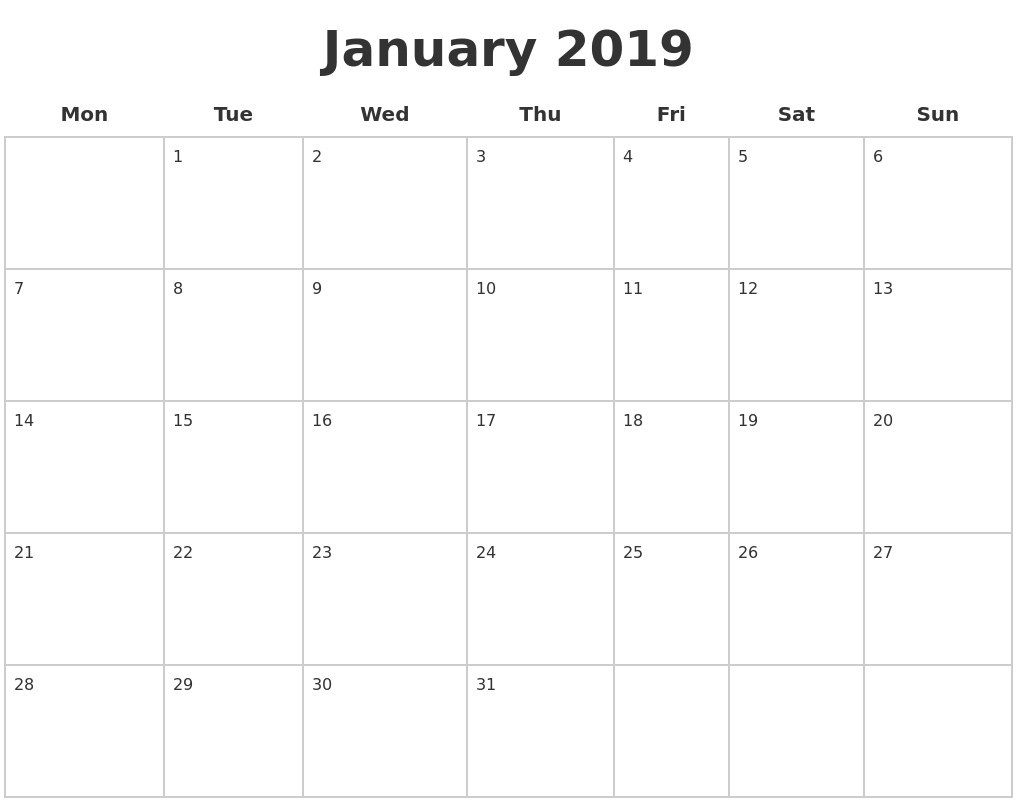 January 2019 Calendar Sheet
