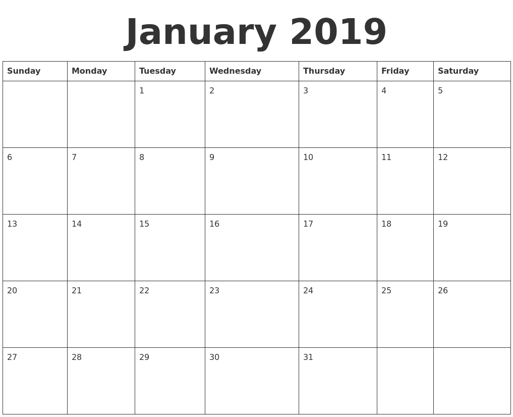 Online January 2019 Blank Calendar