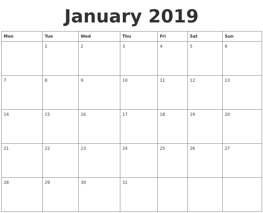 January 2019 Blank Calendar Template