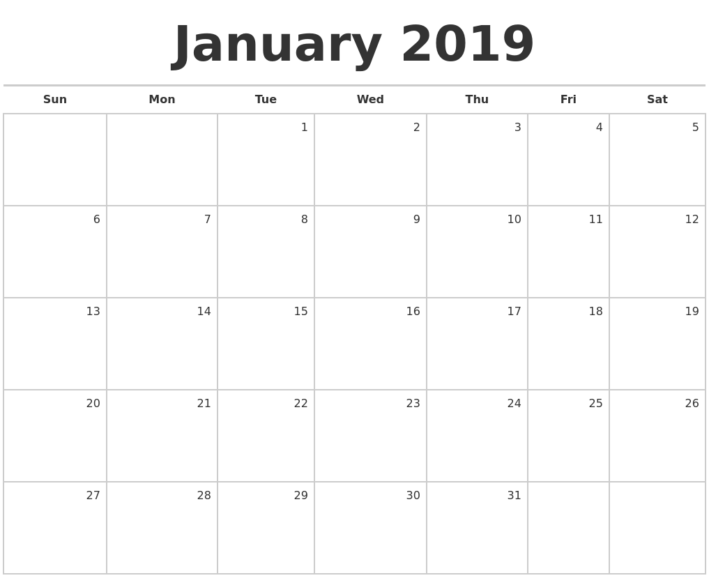 January Month Calendar 2019