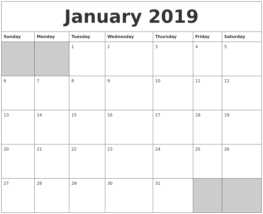 january 2019 blank printable calendar printable calendars january 2019