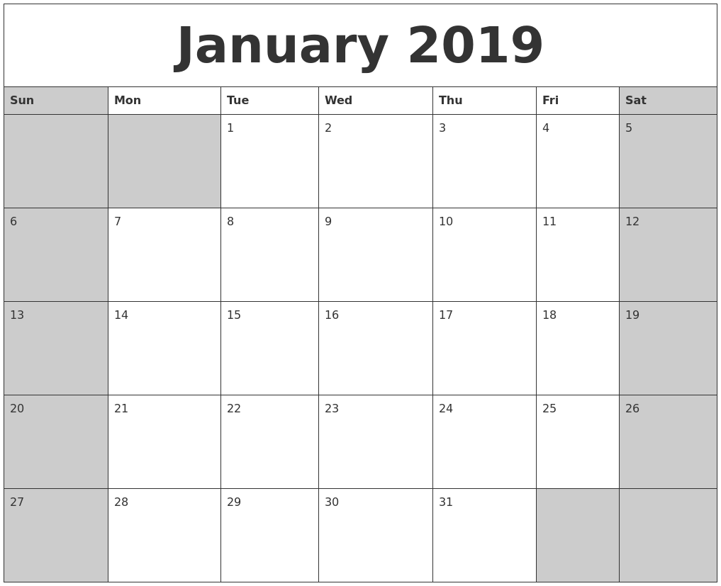 January 2019 Calanders