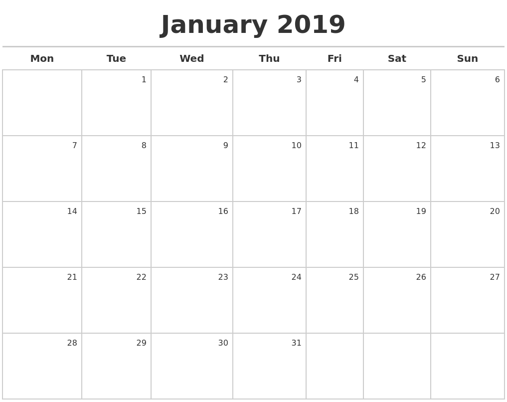 January 2019 Calendar Maker January 2019 Calendar Maker