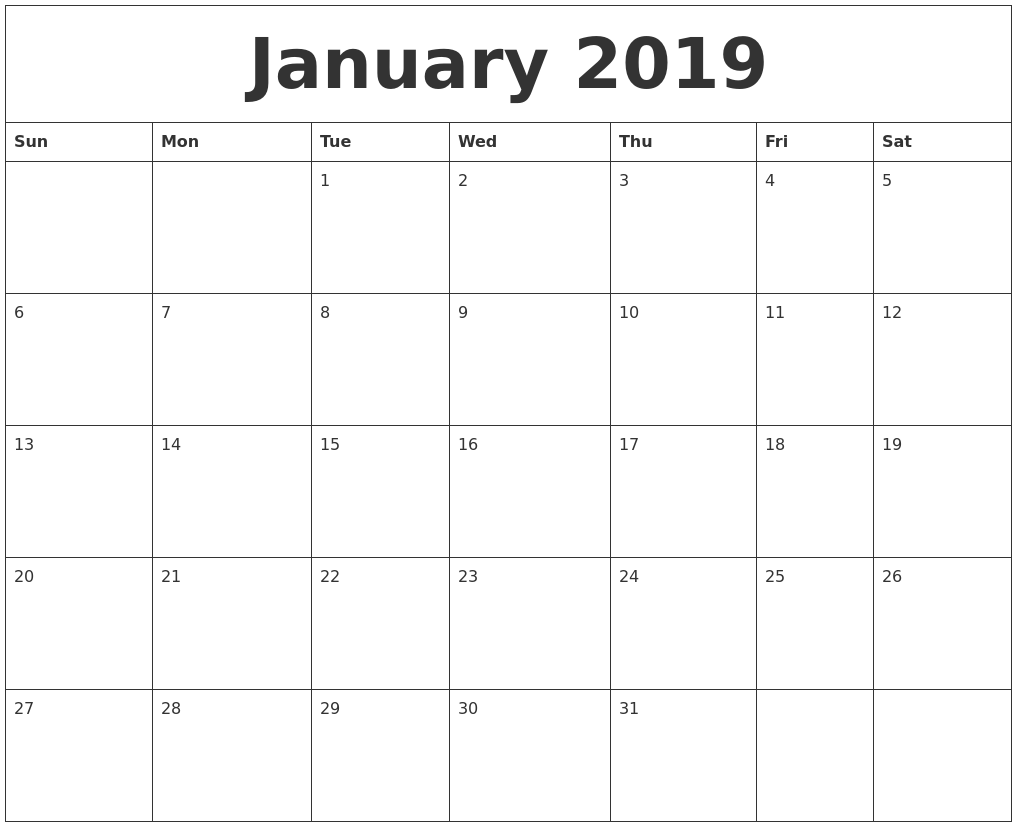 January 2019 Calendar Print