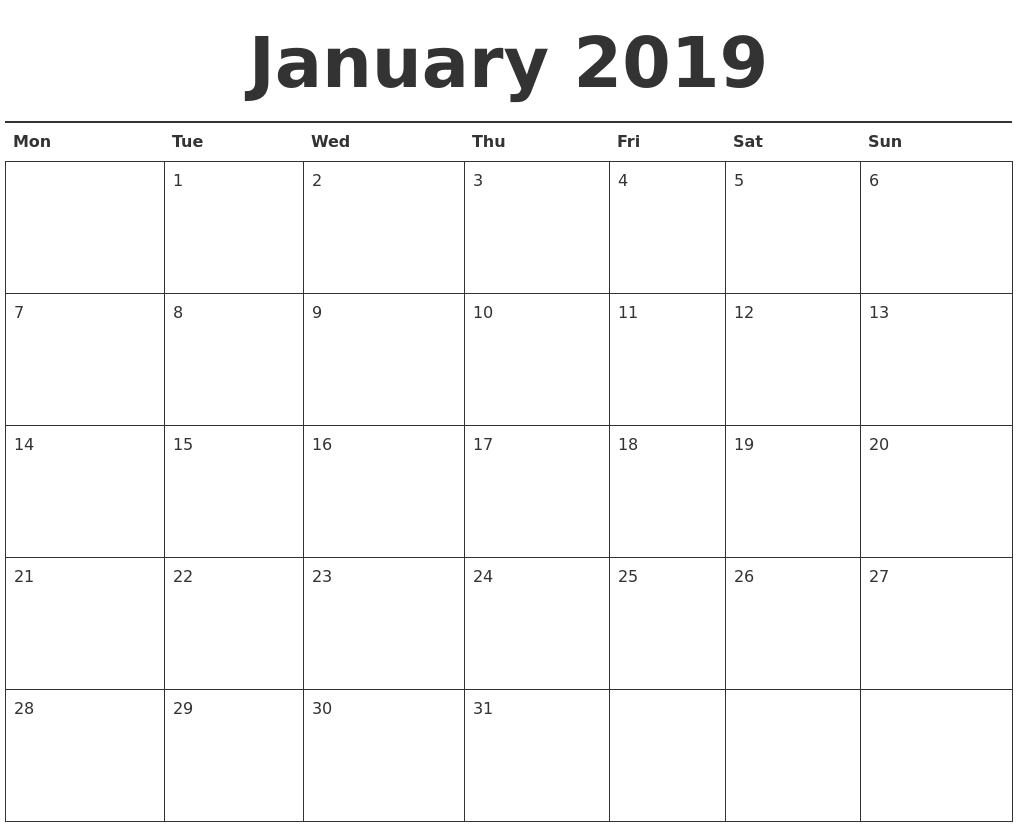 January Calendar Printable 2019