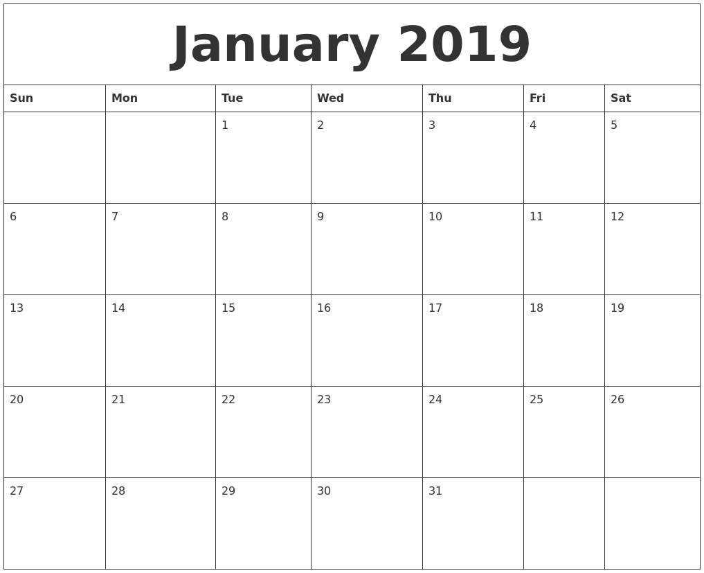 January 2019 Calendar Printable