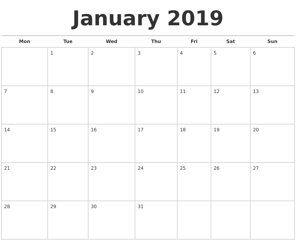 January 2019 Calendars Free