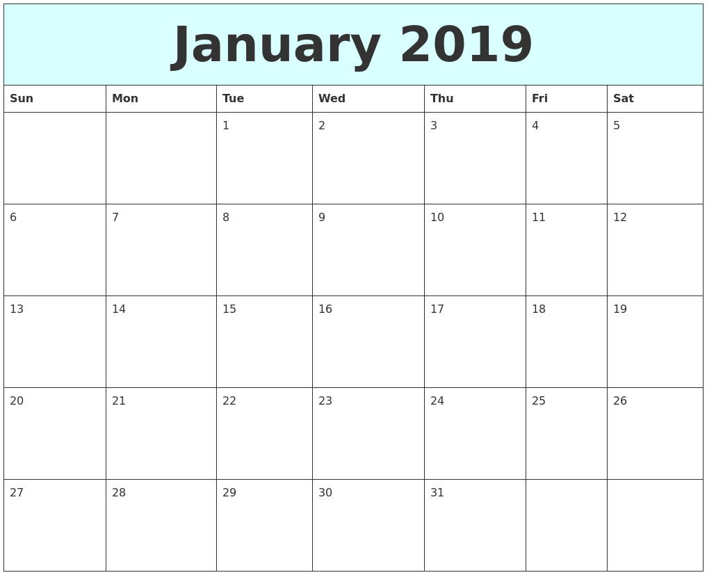 January 2019 Free Calendar