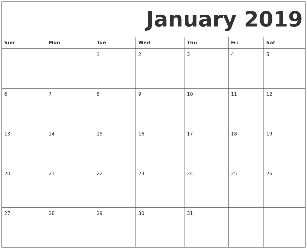 January 2019 Calendar Printable PDF