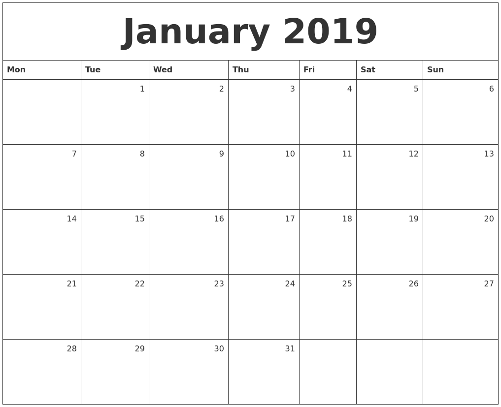 january 2019 monthly calendar 2019 month by month calendar