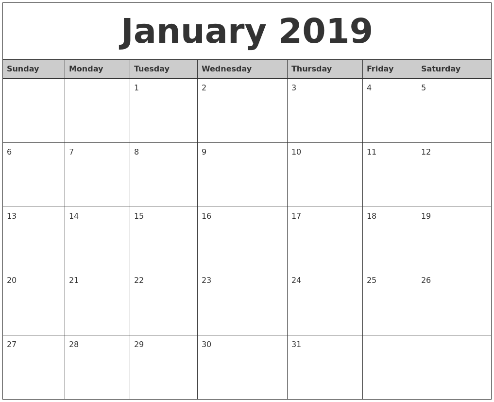 january 2019 monthly calendar printable printable calendars january 2019