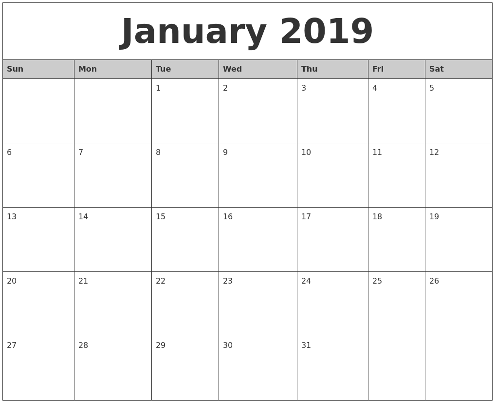 January 2019 Monthly Calendar Printable