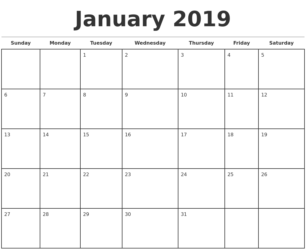 2019 Monthly Calendar Template