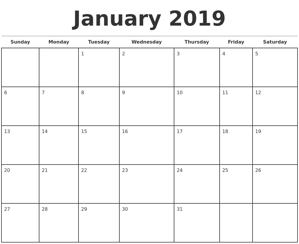January 2019 Monthly Calendar Template 