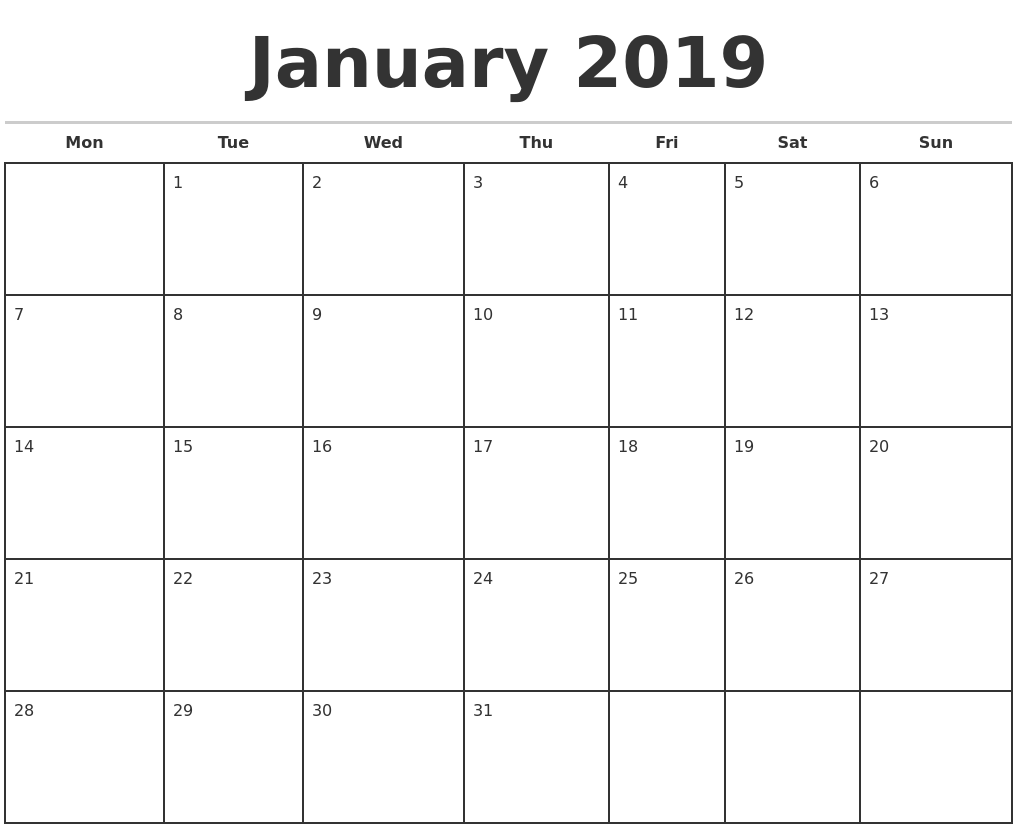 monthly calendar 2019 january 2019 monthly calendar template monthly calendar 2019 january 2019 monthly calendar template