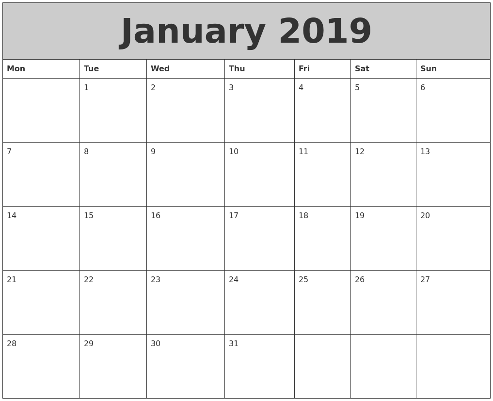 January 2019 My Calendar