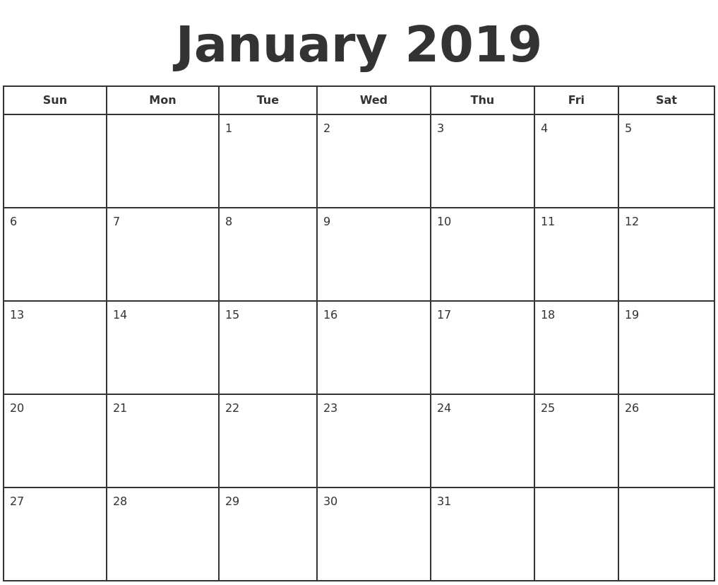 January 2019 Print A Calendar