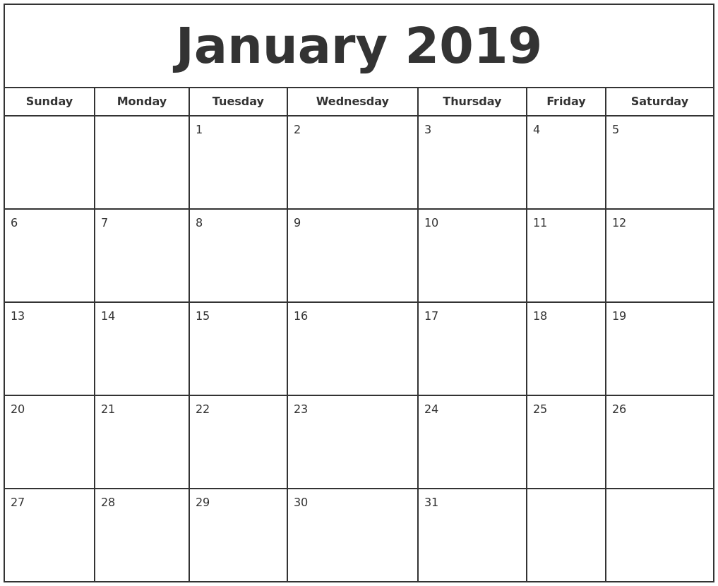 January 2019 Print Free Calendar
