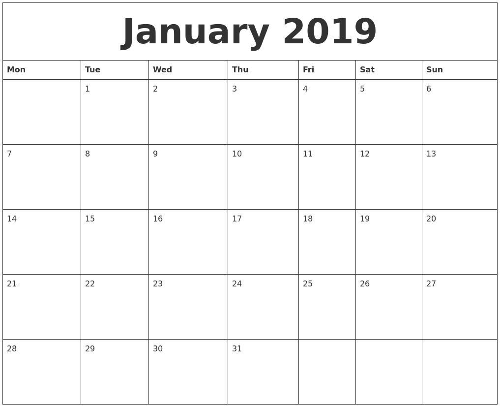january 2019 print monthly calendar monday start