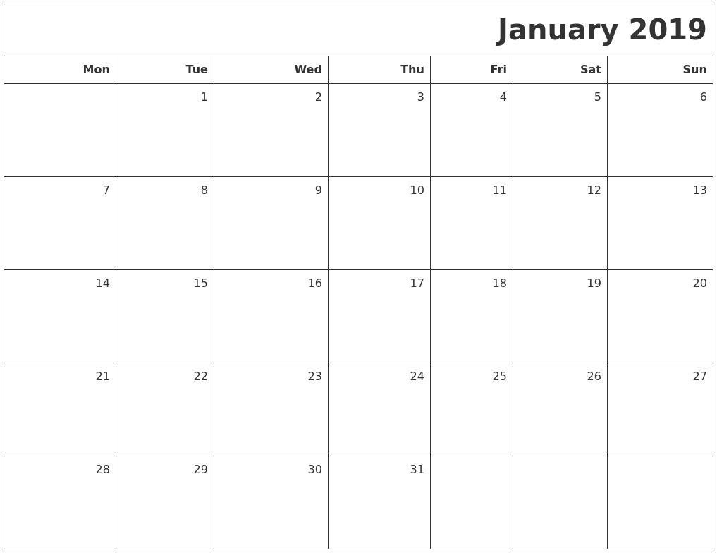 Fillable Calendar For January 2019