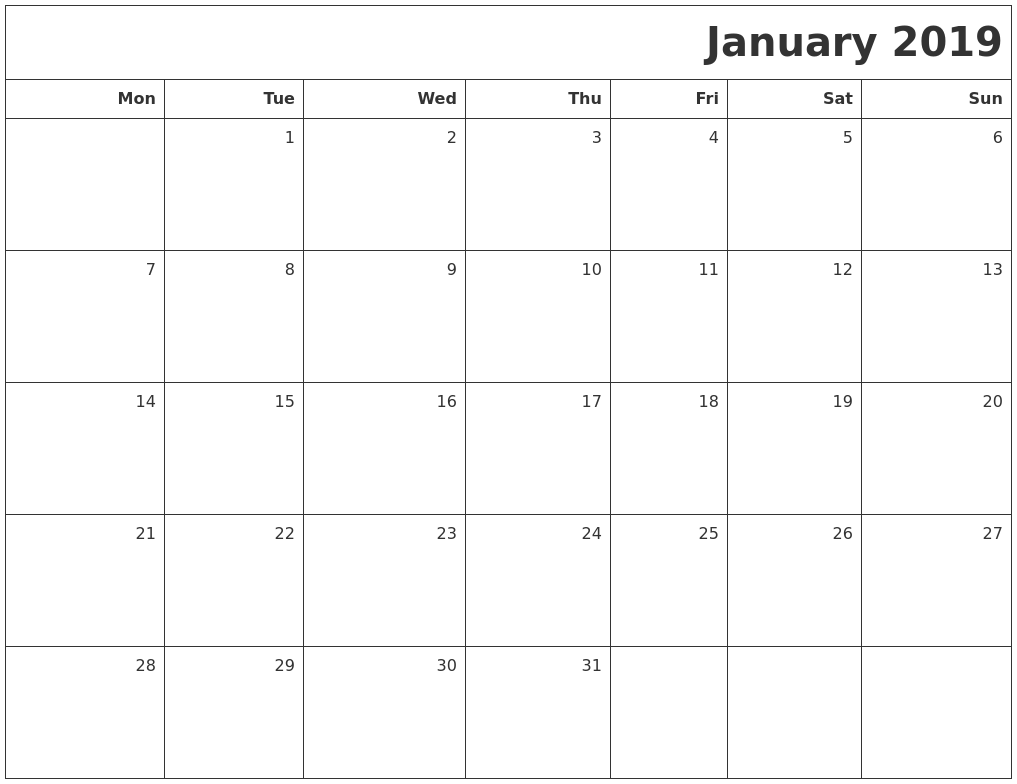 Printable January Calendar 2019 Images South Africa Free Download