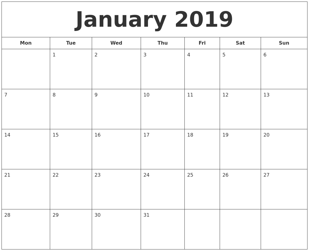 2019 January Calendar Monday Start