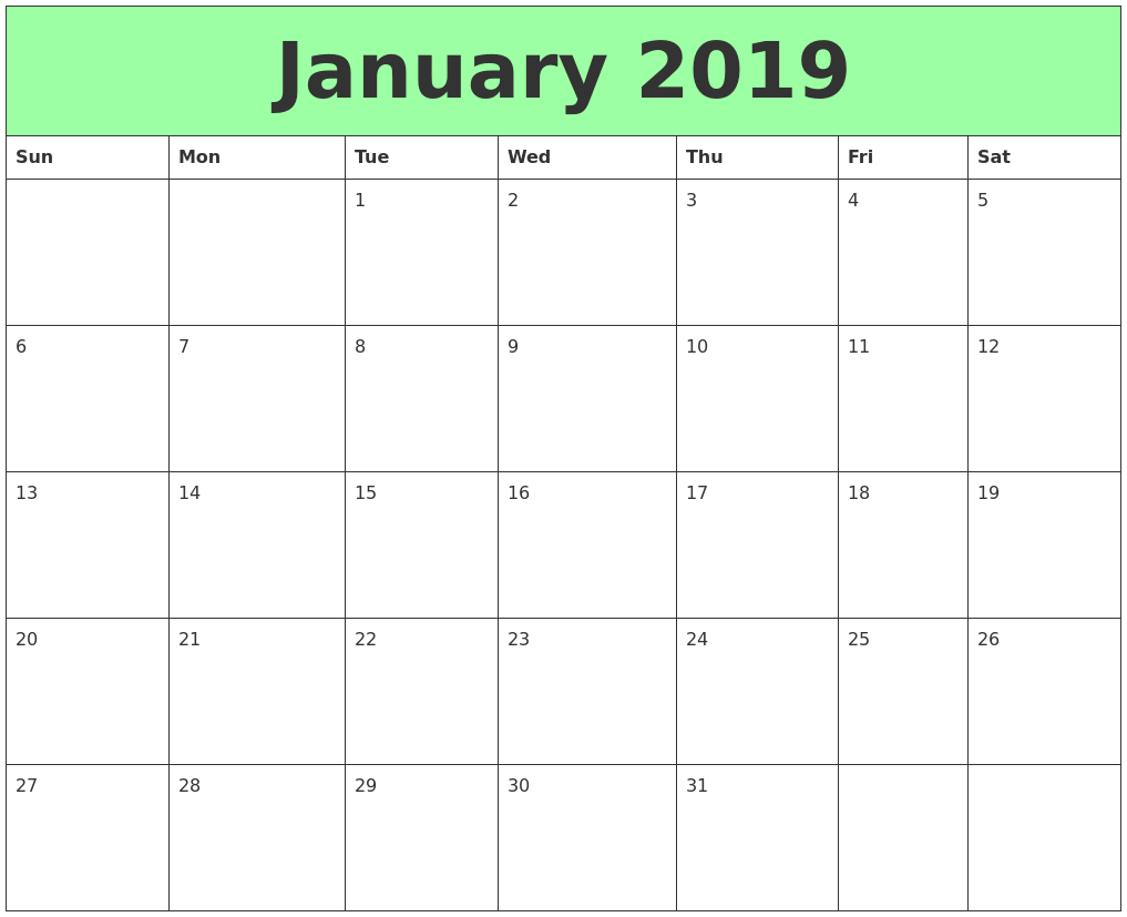 Calendar January 2019 Excel 2