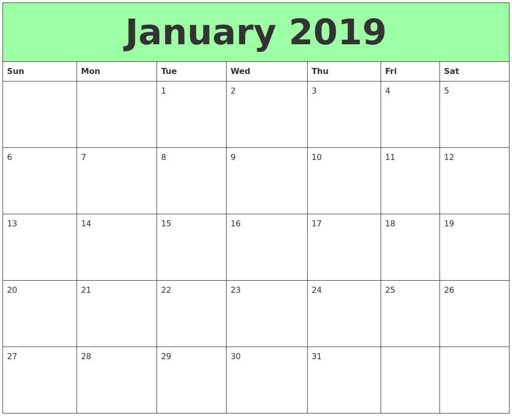 Printable Calendar January 2019 Uk 2